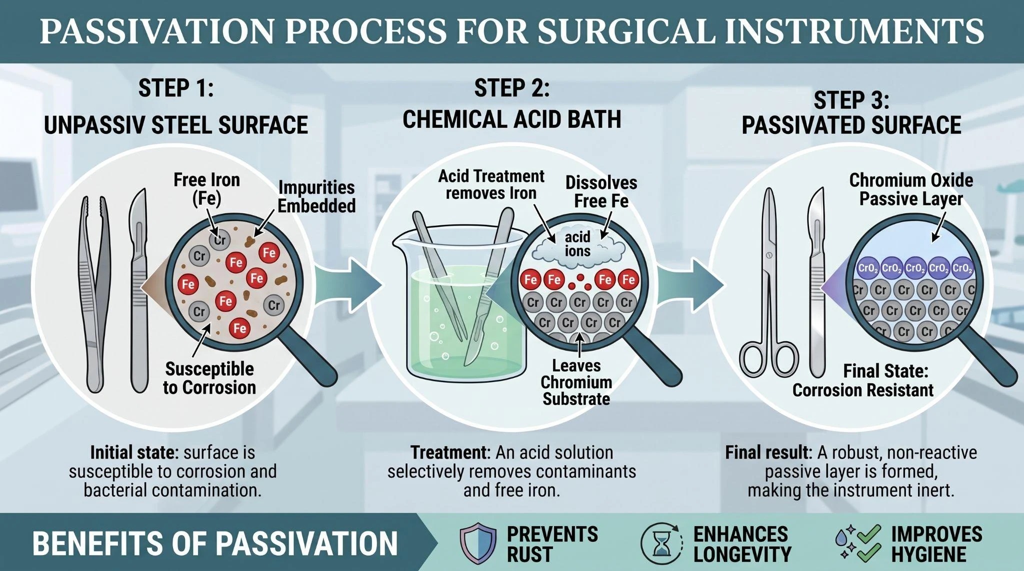 Infographic detailing the chemical passivation process for surgical instruments